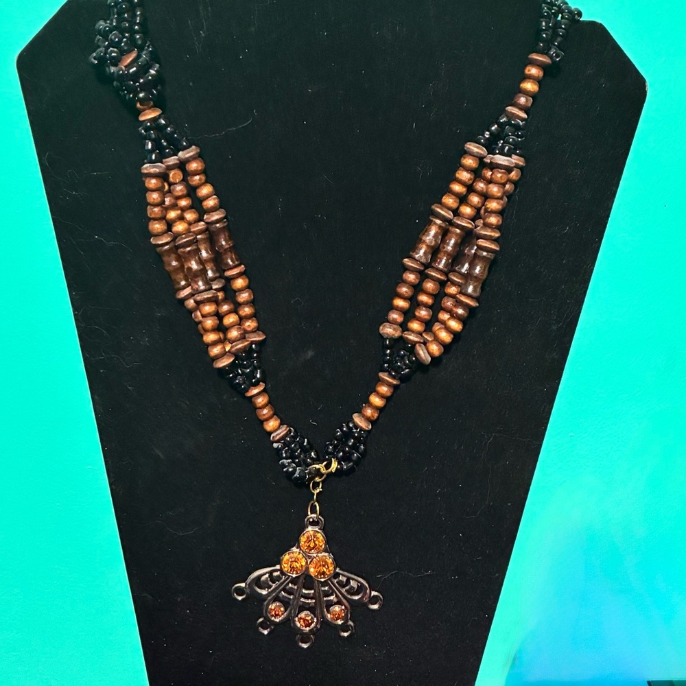Handmade Black and Brown Beaded Necklace with Amber Accent